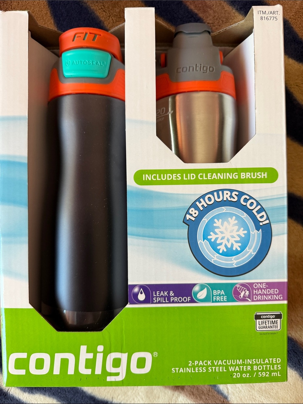 Contigo Black Water Bottle with Orange and Teal Accents - FIT